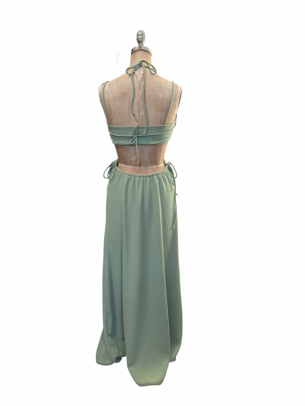 SABO Bella Ribbed Stretchy Halter Maxi Dress in Sage Green Size M Wedding Guest - Picture 3 of 8